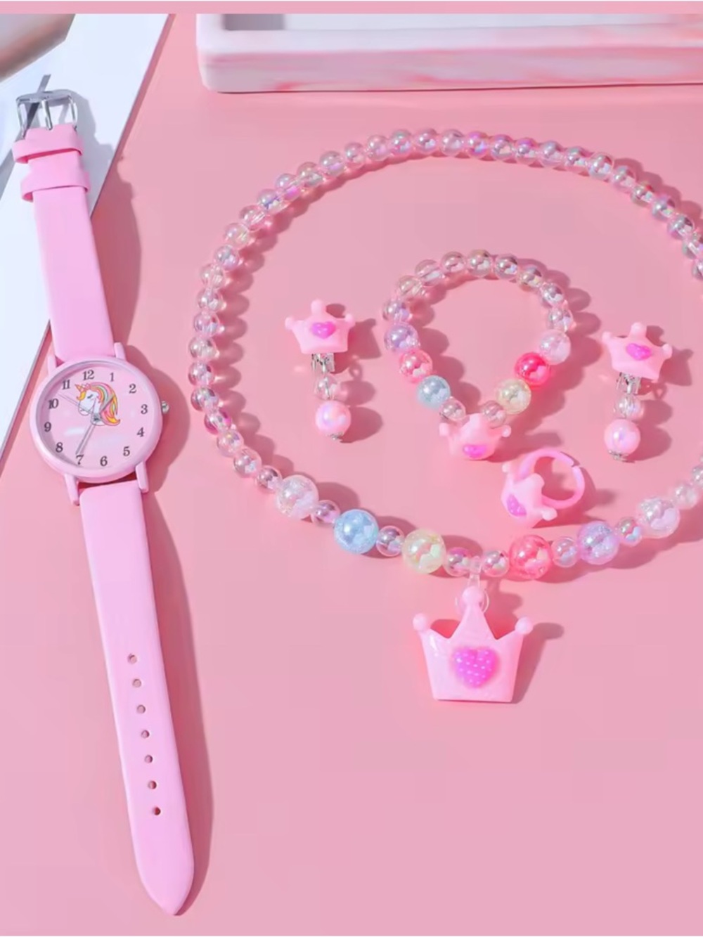 Kids Pink Princess Jewelry Set with Watch - Cute Beaded Accessories
